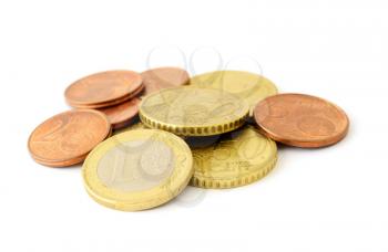The pile of Euro coins in various nominal value on a white background.