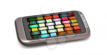 Modern smartphone with colorful wallpaper background on screen. Smartphone is placed on white background.