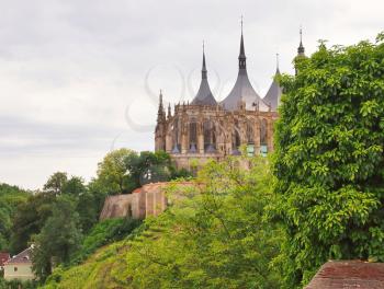 Famous gothic St. Barbara church in Kutna Hora, Czech Republic. Landscape view on St. Barbara church from Brukner park.