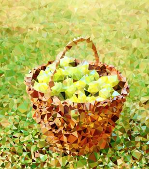 Polygonal illustration of wicker basket with fruit on a green background.