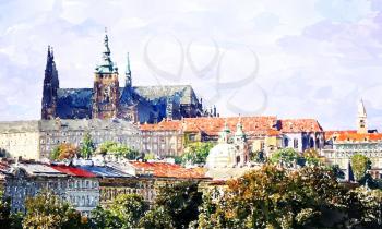 Abstract watercolor digital generated painting of the Prague Castle panorama.