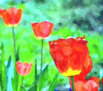 Abstract watercolor digital generated painting of the red tulips in garden.