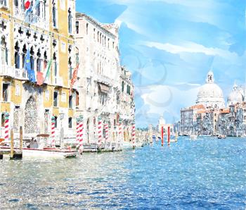 Abstract watercolor digital generated painting of the main water canal, houses and gondolas in Venice, Italy. 