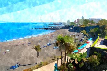 Abstract watercolor digital generated painting of the Playa Jardin beach in Puerto de la Cruz, Tenerife.