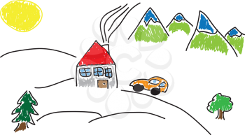 Hand draw house with red roof in the middle of the mountains and with car in front of the house.
