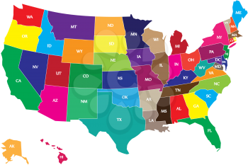 Detail color map of USA with name of states.