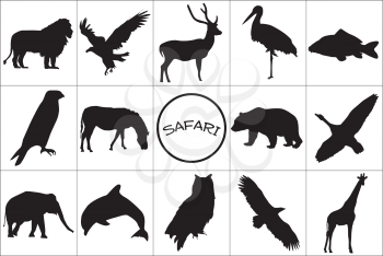 Silhouettes of wild animals with symbol.