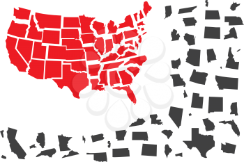 Puzzle from map USA in red and grey color.