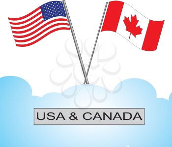 A pair of crossed American and Canadian flags with names sign in the frame. Flags have a crossed poles in decorative blue cloudy background.