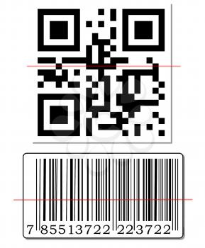 QR code and barcode with scanning red line.