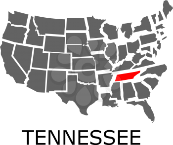 Bordering geographical map of USA with State of Tennessee marked with red color.