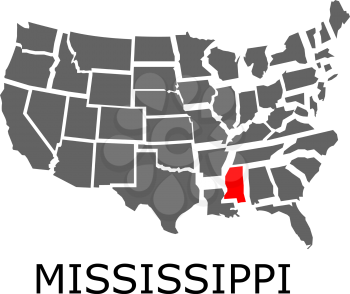 Bordering geographical map of USA with State of Mississippi marked with red color.