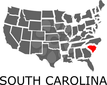 Bordering geographical map of USA with State of South Carolina marked with red color.