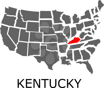 Bordering geographical map of USA with State of Kentucky marked with red color.