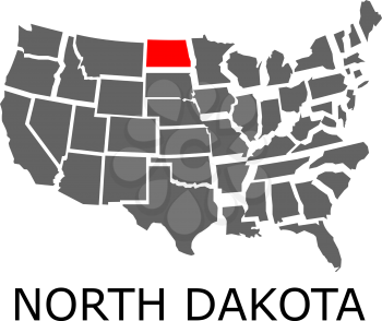 Bordering map of USA with State of North Dakota marked with red color.