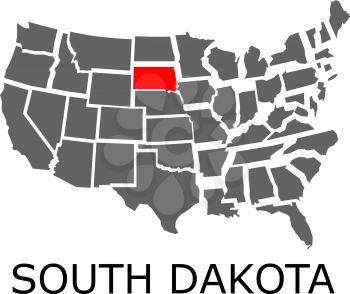 Bordering map of USA with State of South Dakota marked with red color.