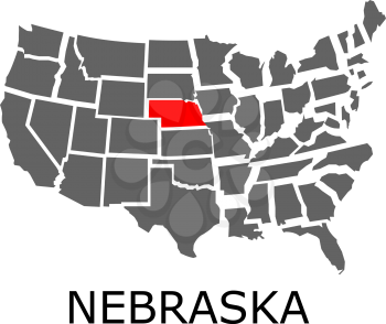 Bordering map of USA with State of Nebraska marked with red color.