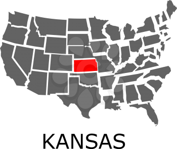 Bordering map of USA with State of Kansas marked with red color.