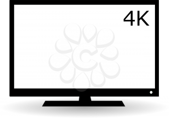Black flat LCD TV vector icon with 4K symbol and shadow.