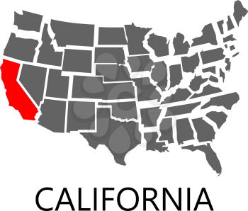 Bordering map of USA with State of California marked with red color.