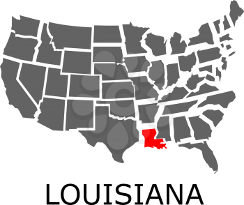 Bordering map of USA with State of Louisiana marked with red color.