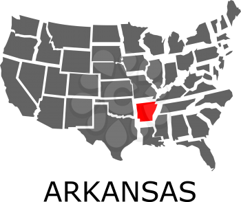 Bordering map of USA with State of Arkansas marked with red color.