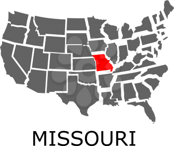 Bordering map of USA with State of Missouri marked with red color.