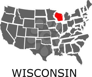 Bordering map of USA with State of Wisconsin marked with red color.