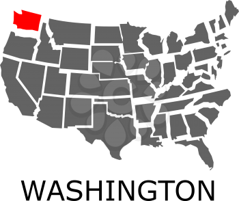 Bordering map of USA with State of Washington marked with red color.