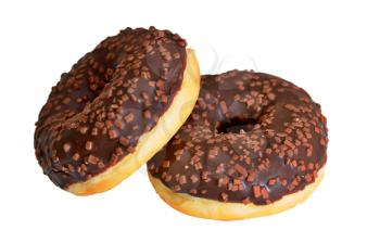 Closeup of two doughnuts with chocolate glaze isolated on a white background.