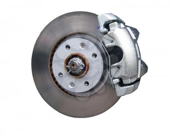 Close-up of a car disc brake with caliper isolated on a white background.