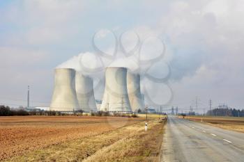 The road next to the cooling towers of a nuclear power plant Dukovany.