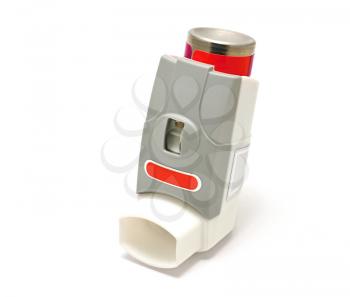 Medicinal asthma inhaler on white background.