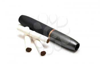 Not burn electronic cigarette heater with tobacco sticks on white background. Healthier smoking conceptual shot.