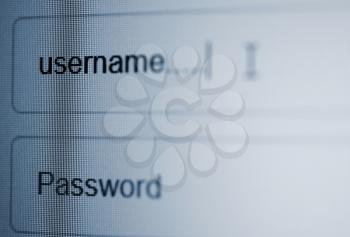 Closeup of LCD screen with login page with username and password column in internet browser.