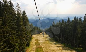 Cableway with cable cars on Cerna Hora mountain in Krkonose (Giant Mountain) national park.
