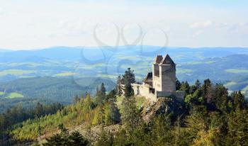 Landscape panoramic view with Kasperk castle in Sumava National Park.