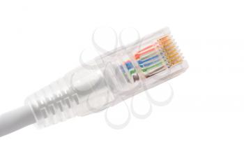 Closeup of rj45 connector of patch cable for LAN connection isolated over white background.