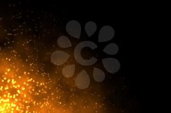 Abstract illustration of sparkling burning fire on dark black background with copy space on right side.