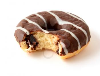 One chocolate donut with missing bite and sugar stripes topping on white background.