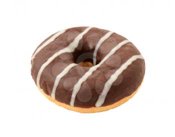 One chocolate donut with sugar stripes topping isolated over white background.