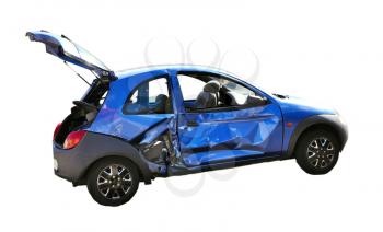 Crashed blue car with opened trunk, isolated on a white background. Damaged blue car after the accident.