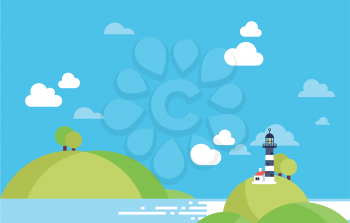 Illustration of Beach and Clouds in Material Design Vector and Bright Contrasting White and Blue
