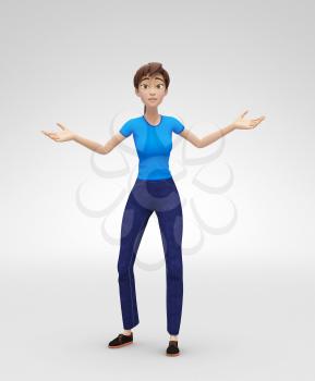 3D Rendered Animated Character in Casual Clothes, Isolated on White Spotlight Background
