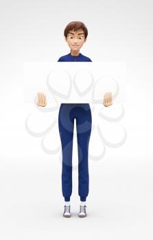 3D Rendered Product Mockup with Animated Character in Casual Clothes, Isolated on White Spotlight Background for Web, Business Presentation, Banner or Advertisement

