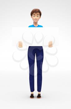 3D Rendered Product Mockup with Animated Character in Casual Clothes, Isolated on White Spotlight Background for Web, Presentation, Banner or Advertisement
