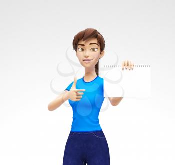 3D Rendered Product Mockup with Animated Character in Casual Clothes, Isolated on White Spotlight Background for Web, Presentation, Banner or Advertisement
