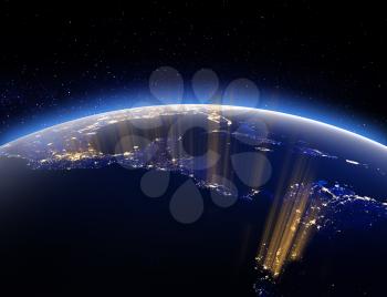 Earth city lights. 3D Rendering. Stars my own photo. Elements of this image furnished by NASA