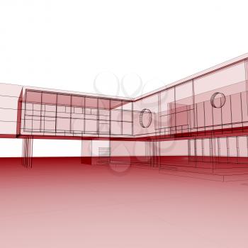 Red blueprint on white. Building design and 3d rendering model my own
