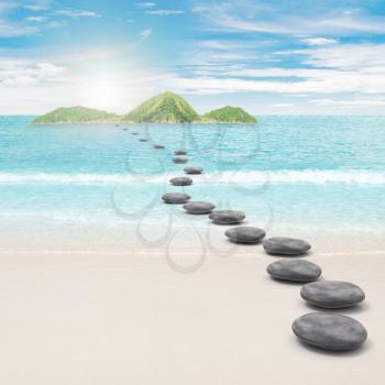 Pebble road to island. 3d rendering and photo montage